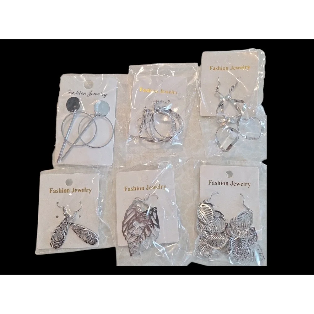6 Pair Silver Tone Earring‎ Set Leaf Spiral Filigree Geometric Drop Dangle NEW